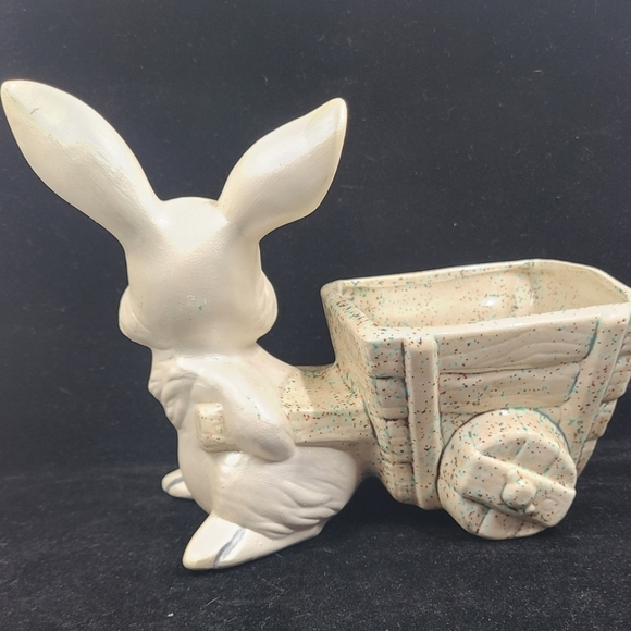 Vintage Painted Ceramic Easter Bunny Pulling Cart Easter Planter Spring Easter - Picture 3 of 10